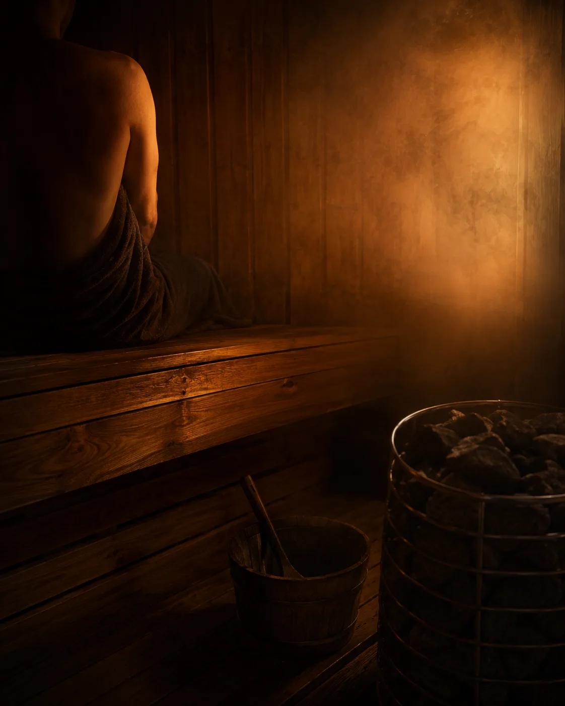 A bather resting on the upper bench of a warm Awaken sauna, steam in the air and a Harvia stove beside them