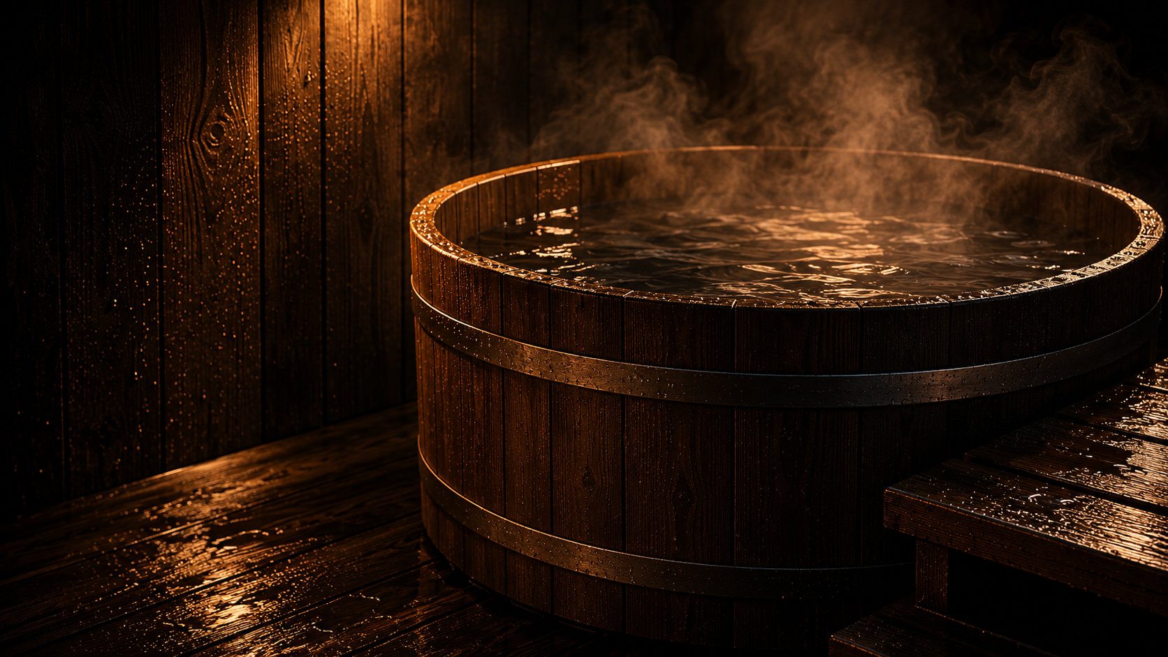 Wooden cold plunge tub with water in a warm timber wellness space