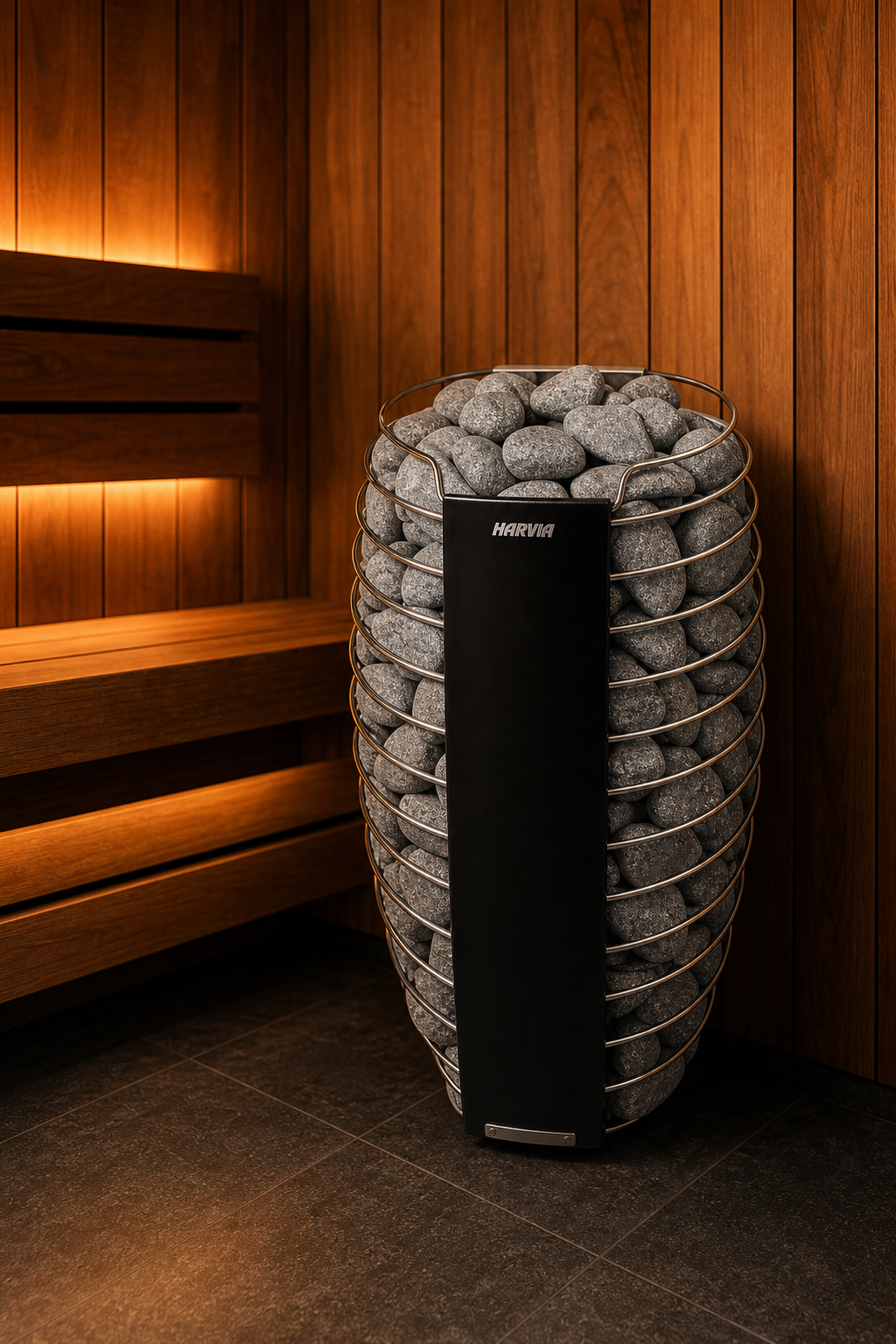 Harvia Spirit electric sauna heater installed inside a warm timber sauna interior