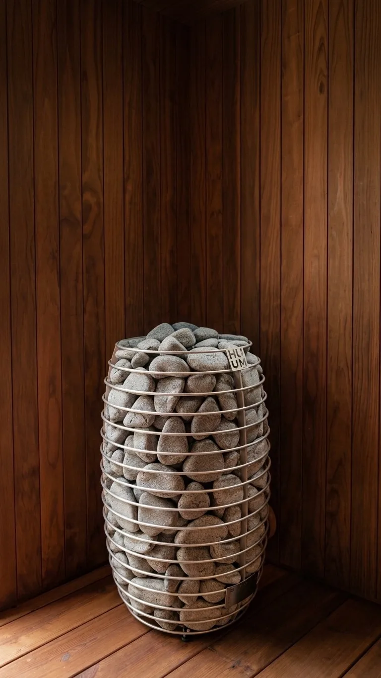 HUUM electric heater stacked with sauna stones against dark timber panelling inside a handcrafted sauna