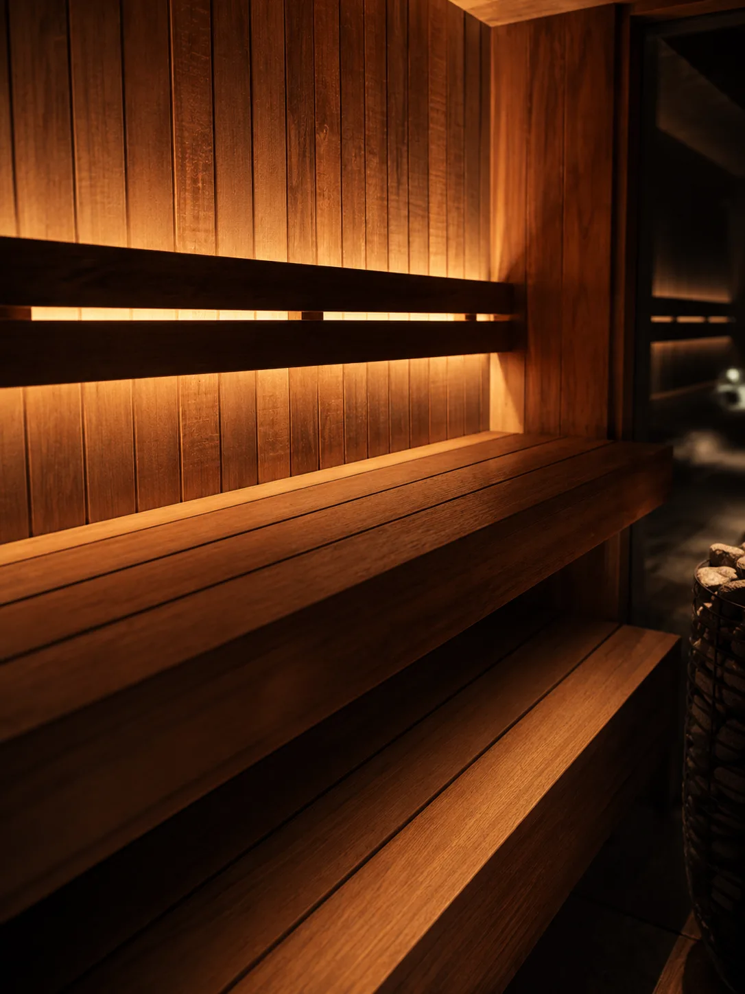 Handcrafted Scandinavian redwood benches inside an Awaken sauna