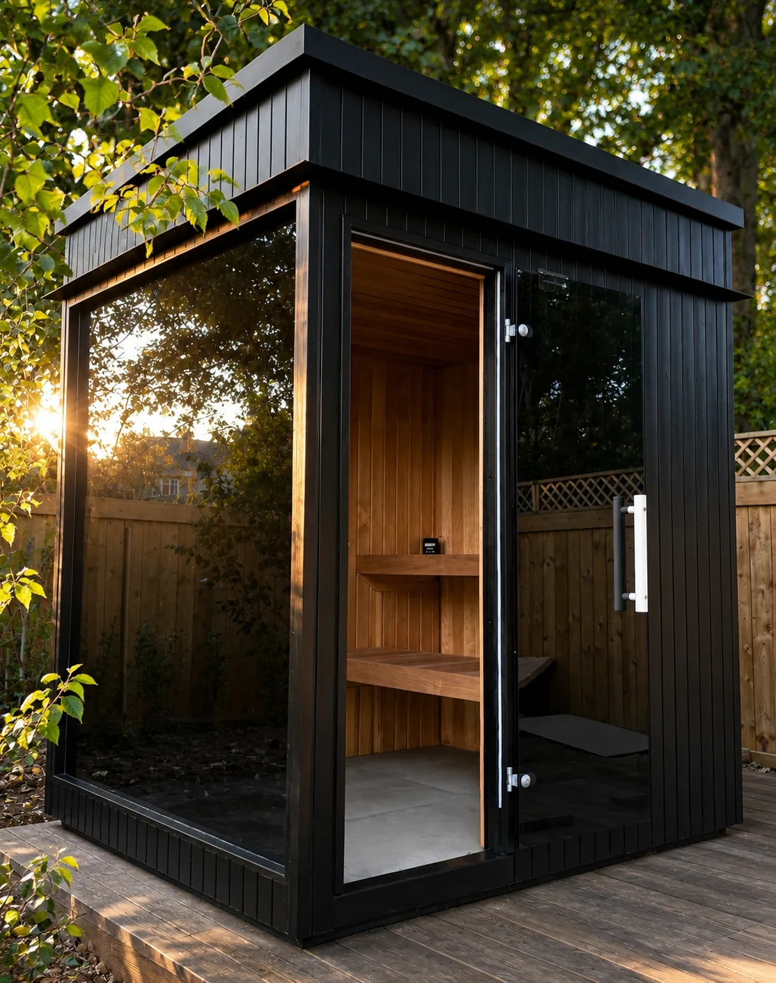 Black-clad Awaken outdoor sauna with a full-height glass front, glowing in a garden at sunset