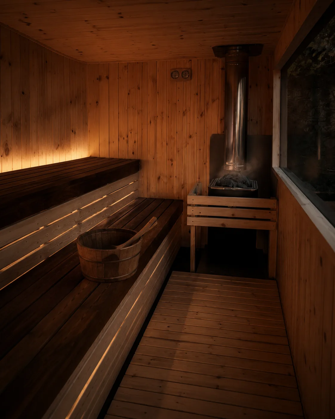 Nordic timber and two-tier benches inside a handcrafted Awaken sauna
