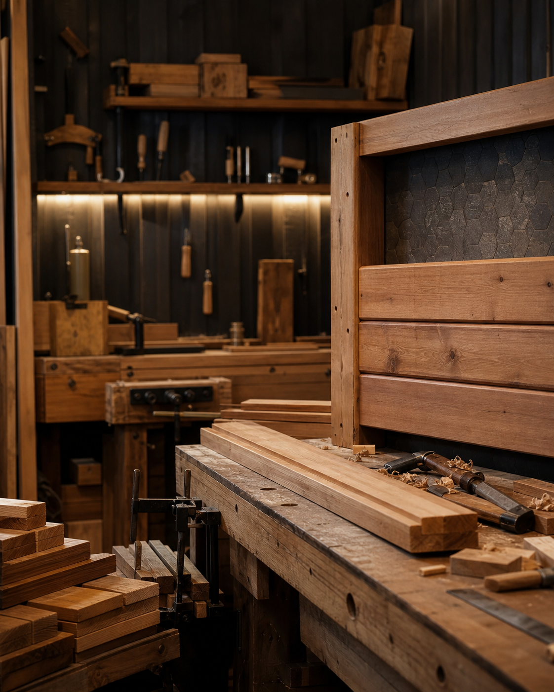 Timber boards, tools and a sauna wall section inside a small craft workshop