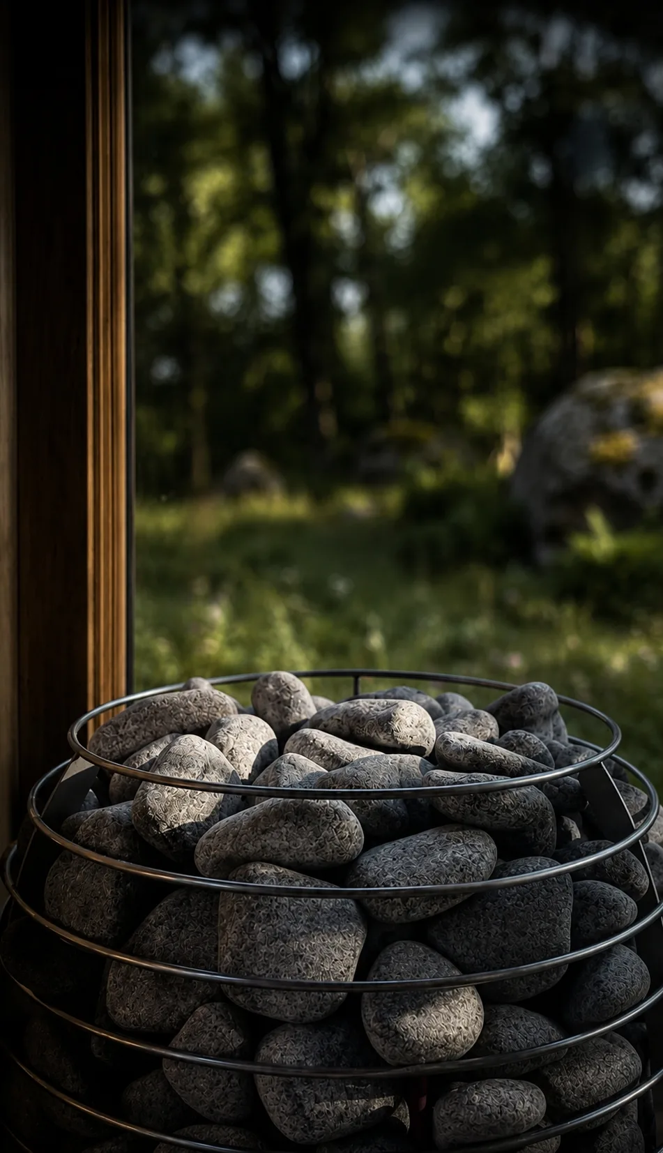 Sauna stones stacked in a heater basket beside a window looking out to trees